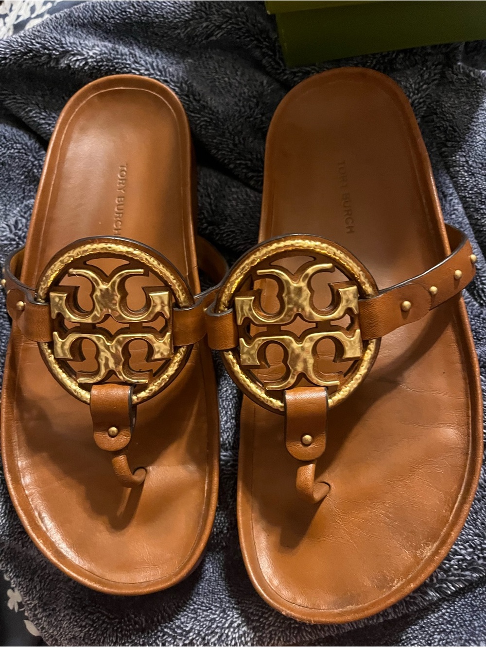Tory Burch Tan Leather Miller Thong Sandals with Gold Logo